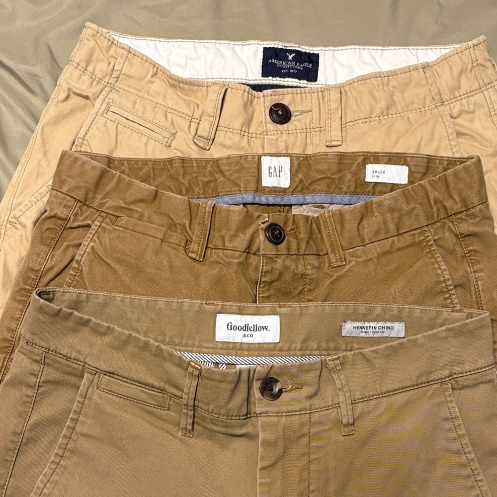 Bundle of four pairs of nice tan chinos, 29W x 30L. Great for school uniforms!
